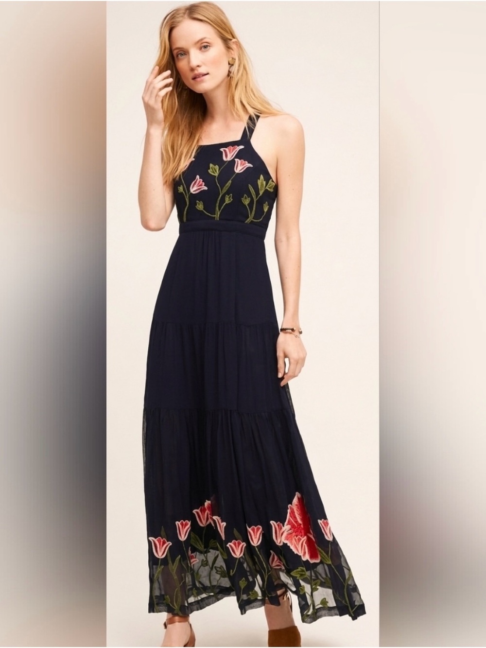 Anthropologie - Floreat Navy Maxi Dress with Pink & Green Floral Embroidery